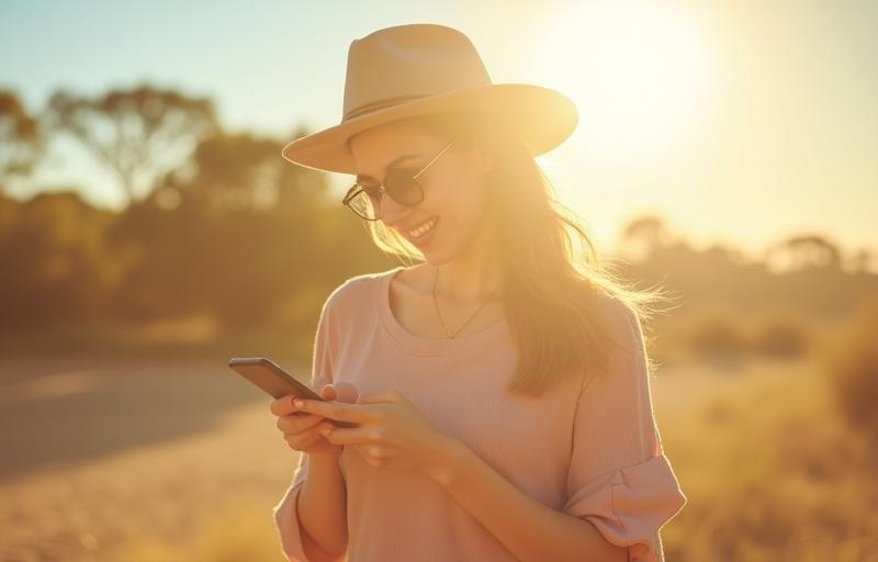 Person happily using a mobile phone in a sunny Australian setting, with telecom offer overlay